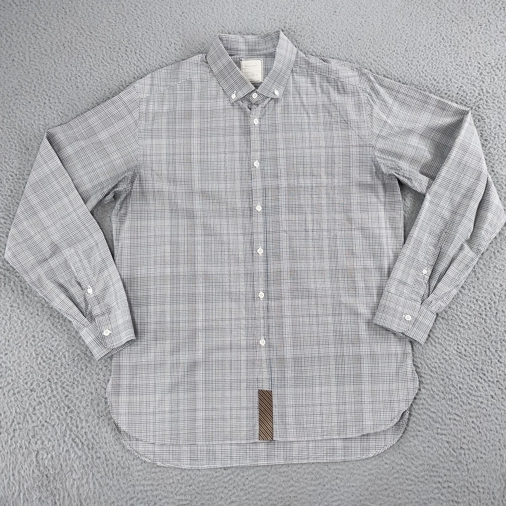 Billy Reid Shirt Mens XL Blue Brown Check Button Down Long Sleeve Made Italy